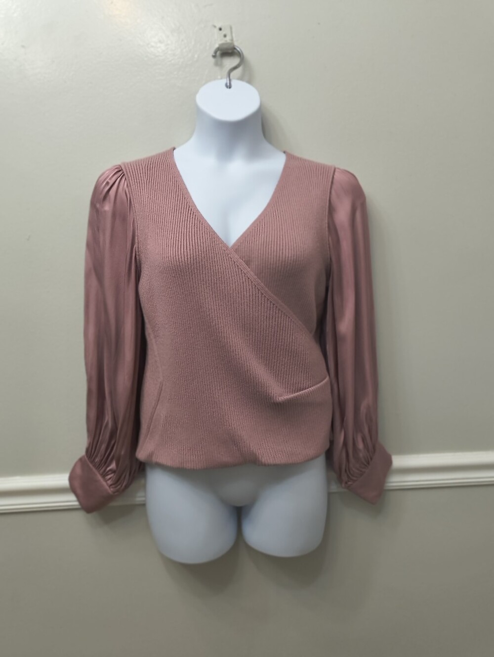 By Anthropologie Twofer Faux Wrap Mixed Media Sweater Mauve Pink 1X Coquette